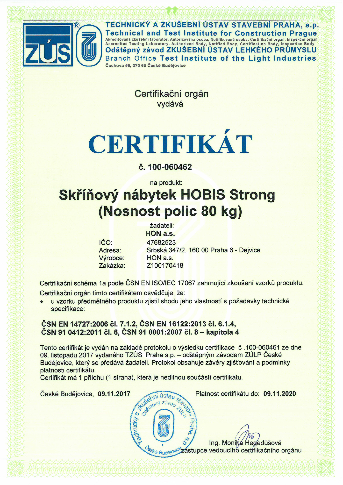 Certifikát státní zkušebny — skříně HOBIS Strong S 5 80 00