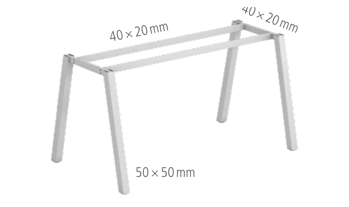 Nákres kovové podnože ve tvaru A stolu HOBIS Uni A UE A 1200 RU — profil 50 × 50 mm, spojovací profily 40 × 20 mm